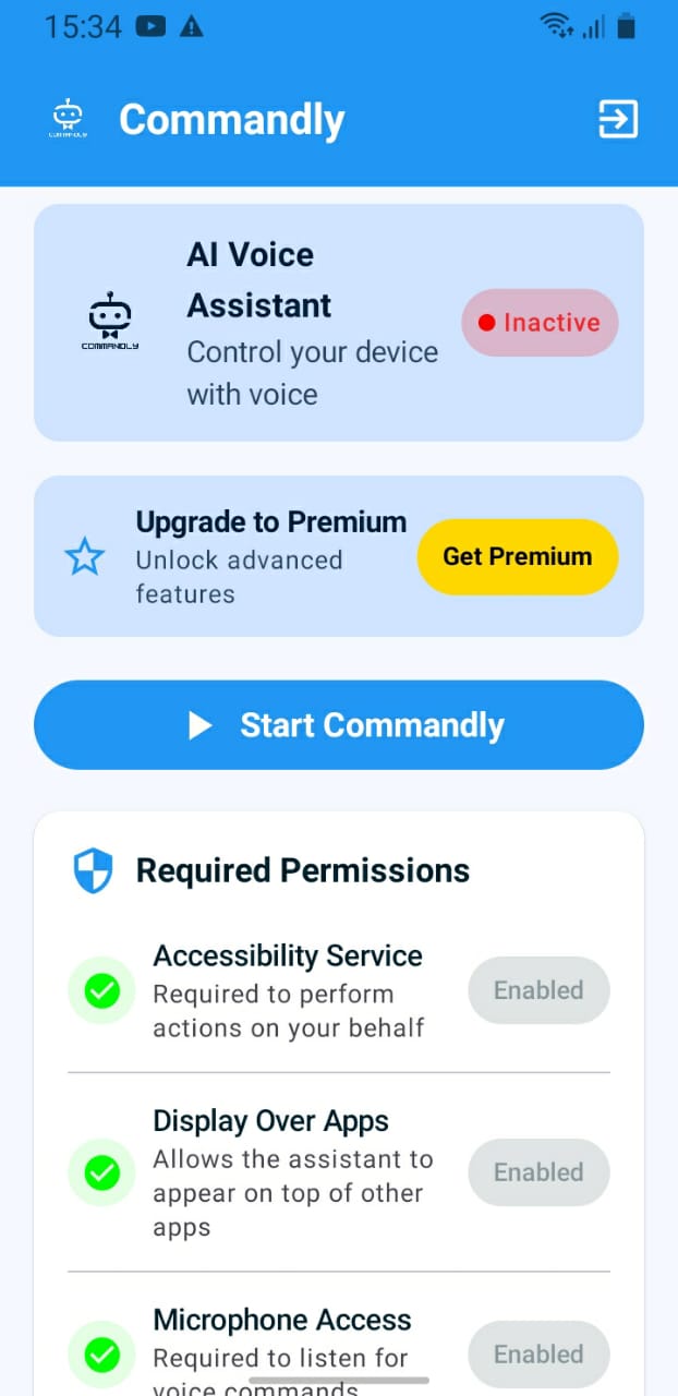 Commandly app interface showing voice control